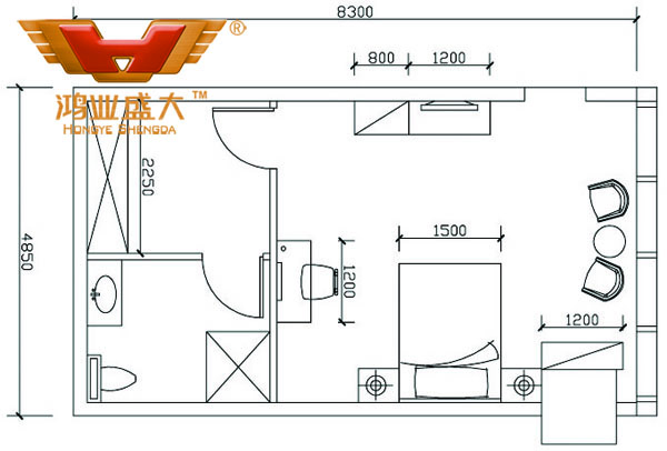 值班室效果草圖1.jpg 鴻業設計師根據客戶提供尺寸,設計休息室家具CAD平面圖